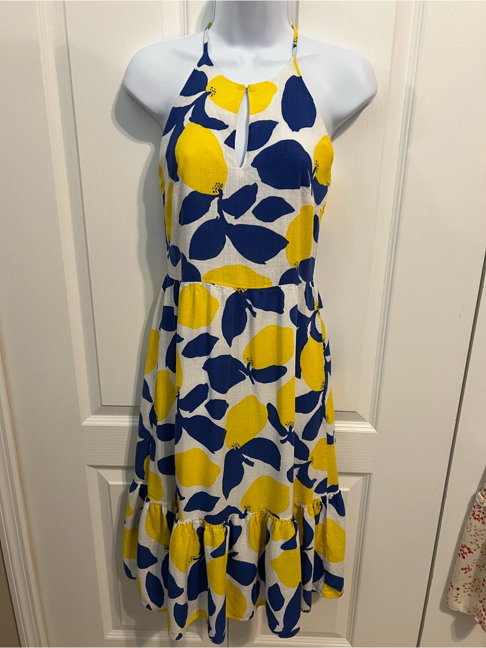 LOFT Yellow & Navy Halter Midi Dress with Keyhole